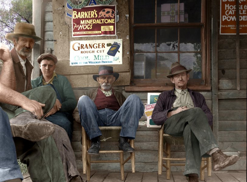 Colorized photo of the innhabitants of Nethers, Virginia in front of post office. Photographer Arthur Rothstein,  October, 1935. View full size.
