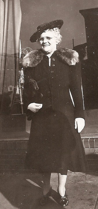 Pearl "dolled up" for church and travel. Pearl's husband, Harry, was the premier roofing contractor of Baltimore for decades before passing away in 1947 at age 60. At age 57 Pearl ran the business until my father could take over. This was one of her "going visiting" set of clothes and coat, heading to NYC's Radio City for a premier. View full size.
