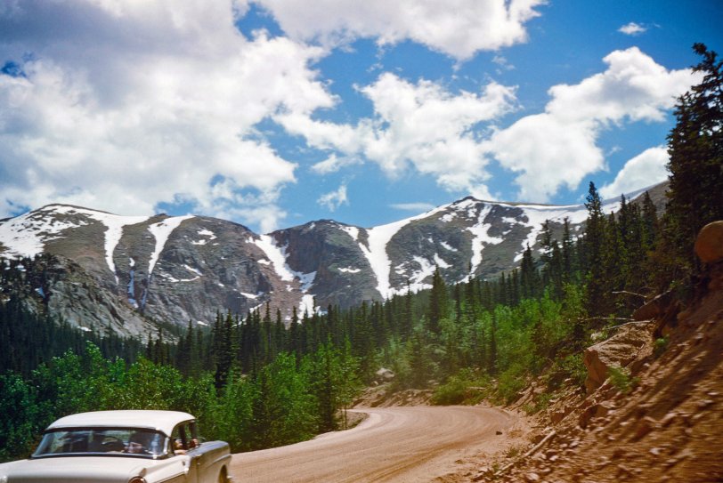Climbing Pikes Peak in a 1957 Ford sedan, about 7 miles from the peak. Scanned from a 35mm Kodachrome slide taken sometime between 1959-1961. View full size.
