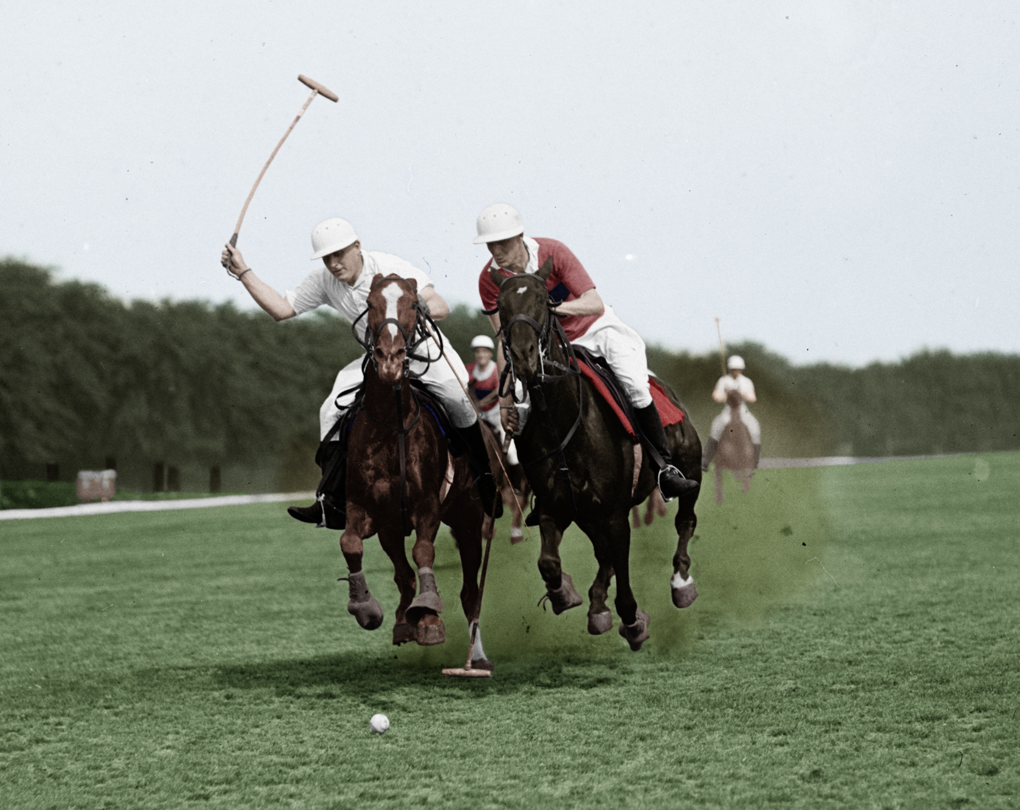 A colorized version of a picture from a polo match put on by the War Department on June 2, 1925. The original image is from the National Photo Company Collection in the Library of Congress. View full size.