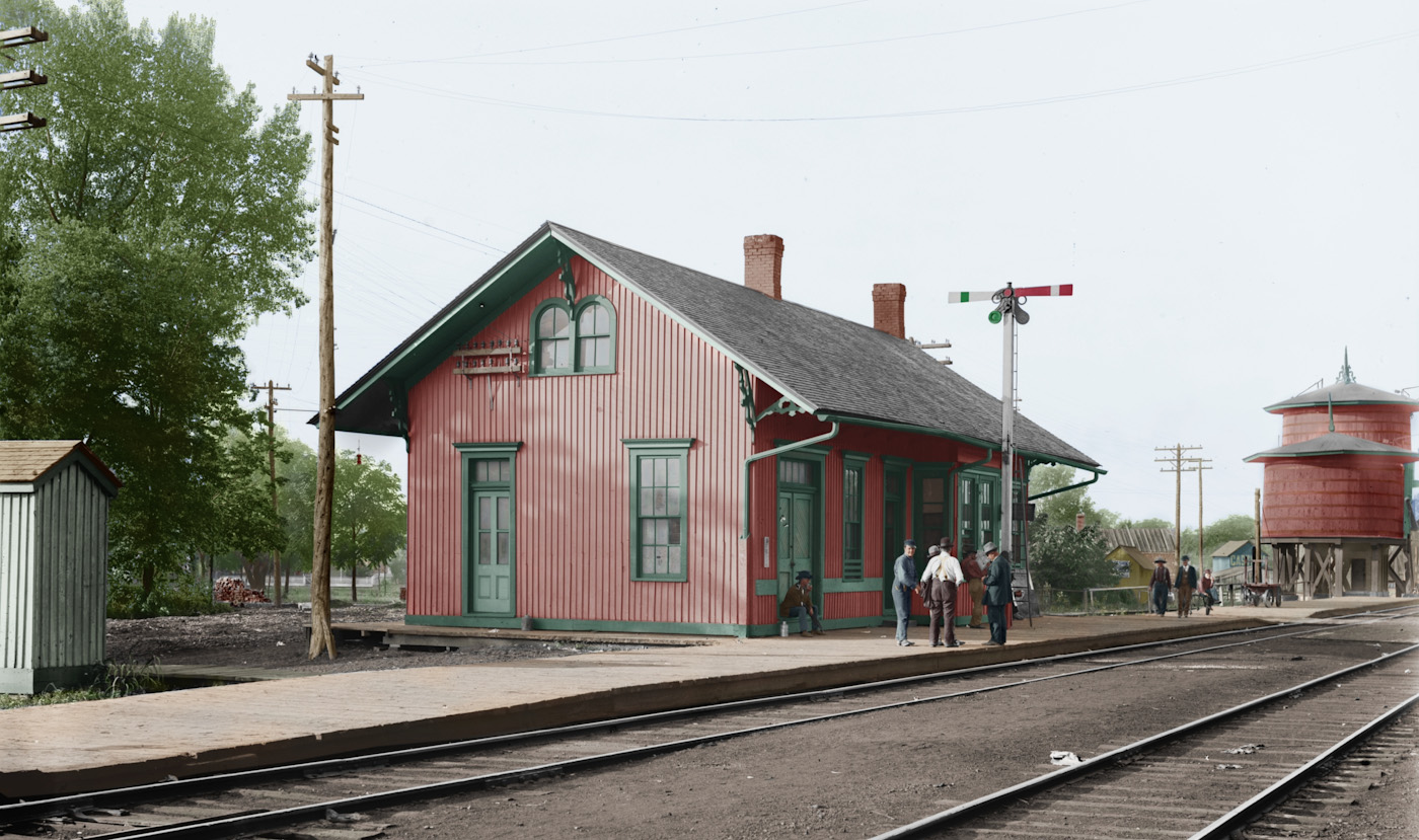 Circa 1905. "Railway station at Pontiac, Illinois." Colorized version of 8x10 inch dry plate glass negative, Detroit Publishing Company. View full size.