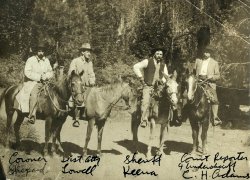 1905 Posse organized to find and arrest a murderer near Michigan Bluff in Placer County, California.  Left to right: Coroner W.A. Shepard (also the editor of the Placer Herald); District Attorney Lowell; Sheriff Charles Keena; and Undersheriff Charles Henry Adams.  This photograph is in the collection of the Placer County Museums. View full size.
The orneriest one of the bunchis riding the mule. Or maybe he just drew the short straw.
(ShorpyBlog, Member Gallery)