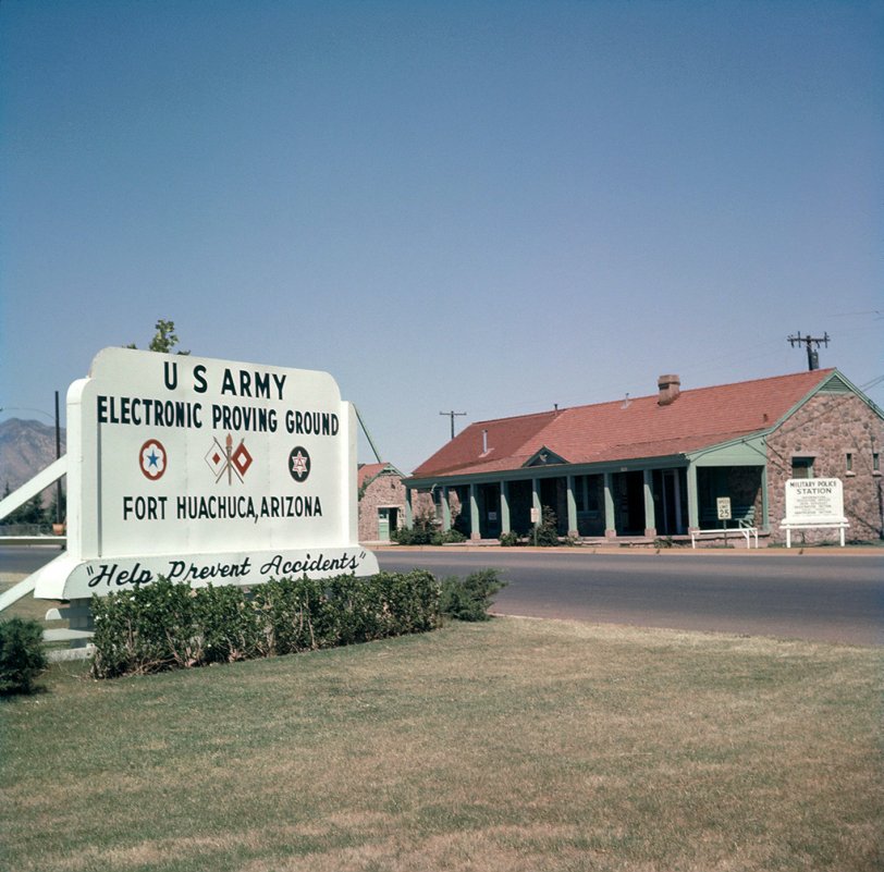 This image was taken in summer 1963 at the main entrance of the US Army Proving Ground, Fort Huachuca, Arizona. The image is 21/4 X 21/4 (Ciroflex camera). View full size.

