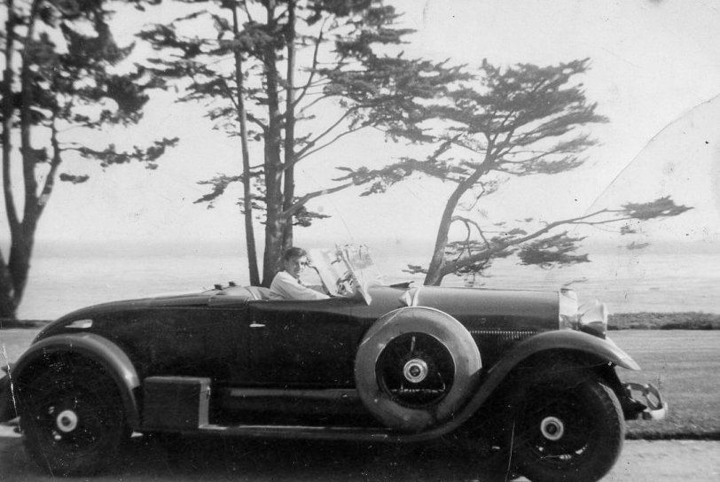 My dad in 1947 on the Cabrillon Boulevard beach drive in Santa Barbara, California. The car is a 1930 Lincoln Locke body Roadster two seater. View full size.
