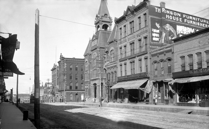 Main Street in Downtown Racine, Wisconsin about 1905. Scanned from the original glass negative in my possession.  City Hall is the building with a clock and bell tower. View full size.
