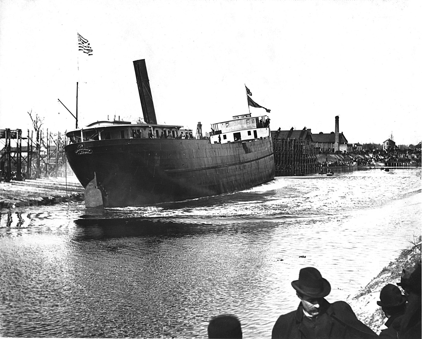 The 251 foot Great Lakes steamer Ravenscraig was launched at the Black River yard of the Jenks Ship Building Company in Port Huron, Michigan, sometime in 1900.  From this same yard Jenks launched their only passenger ship, the Eastland, in May 1903.  In 1915 the Eastland would become infamous when she capsized in the Chicago river with the loss of 844 lives. The Ravenscraig sailed the Great Lakes until 1907 when she was sold for off-lakes use. View full size.