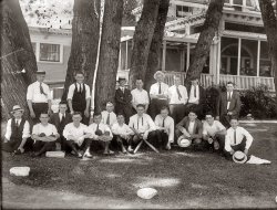 After a baseball game the Raybestos Company employee team is shown relaxing at the Brooklawn Country Club in Fairfield, Connecticut. My father, James Edward McKenna, fourth from the left in the back row, is leaning against a tree. Picture was taken about 1917. From the several smiles on their faces, I imagine that they won the game that day. - Robert Edward McKenna View full size.
Bob&#039;s DadHi Bob,
What a fine looking man your dad was!  Thanks for sharing your picture of him with us.
Colleen Fitzpatrick
Quizmaster General
www.forensicgenealogy.info
Fairfield, Connecticut.Fairfield CT was/is a very upscale area in Southern CT...near Westport, Southport, and Greenwich. When you drive east on Rt 1 (from Rhode Island) you can tell immediately as you pass into Fairfield County: everything suddenly becomes clean, neat, orderly, and easy on the eye.
Brooklawn Country ClubHello.  I was a member at this country club for some years in the 1990s.  The immediate area, while still nice and part of pretty suburban Fairfield County, has fallen away due to nearby Bridgeport, Conn., which is a tough and poor city on the coast of Long Island Sound.  Brooklawn CC is right on the border of Bridgeport but is itself still lovely.
(ShorpyBlog, Member Gallery)