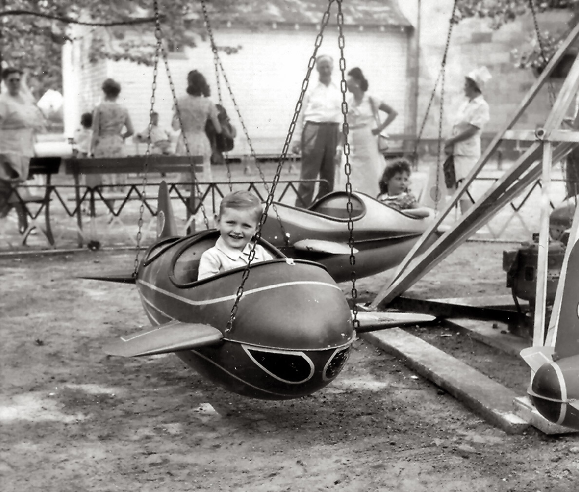 Another picture of me taken by my father at Riverview Beach Amusement Park, Pennsville, New Jersey, in August 1948.  This shot clearly shows early indication of my love for all sorts of transportation and travel! View full size | Firetruck.