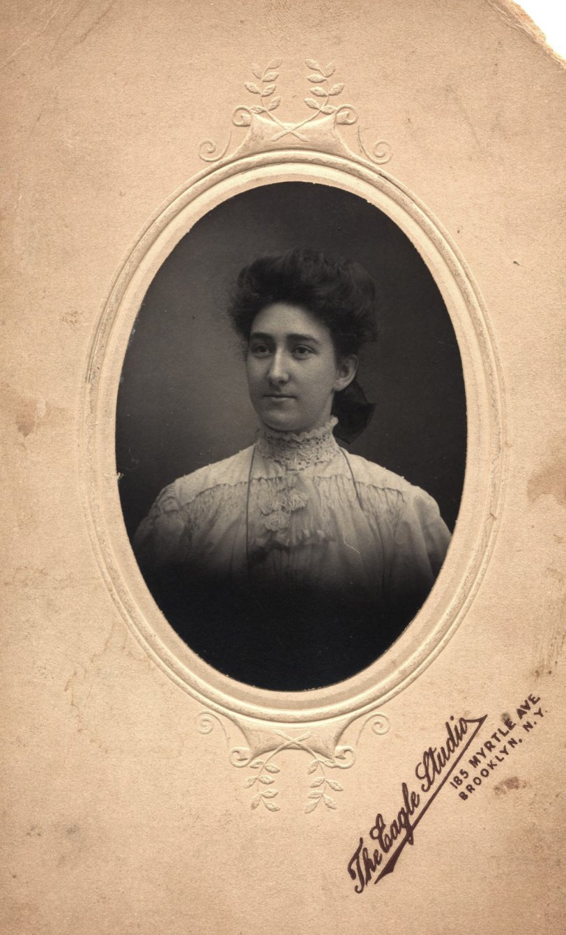 This photo was taken at the Eagle Studio on Myrtle Avenue, Brooklyn, Kings, New York, circa 1910. This is Mary MacIntosh née Langdon, my grand aunt. View full size.
