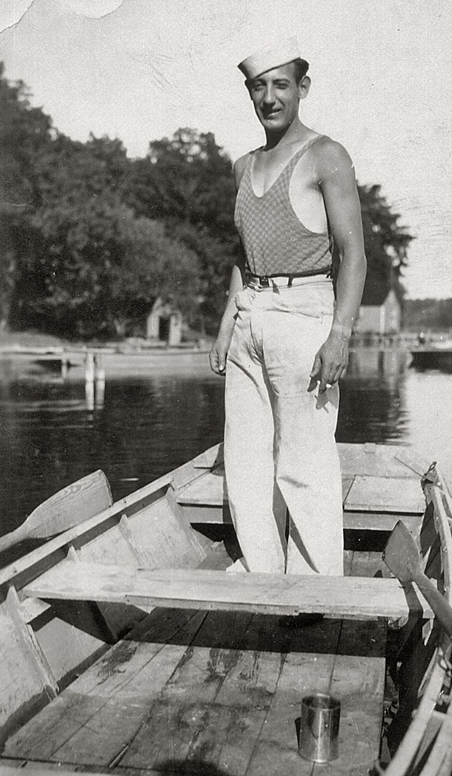 My dad's real father, Roland (Rollie) Herse, taken sometime in the mid 1930s, probably out on Silver Lake, Wisconsin.  He & my grandma had been married just five years (& my dad was only 3 months old) when he died of kidney failure in November 1937 (a few days before Thanksgiving, according to my dad) at the ripe young age of 33.  What I love most about this photo is the tan line from his watch.