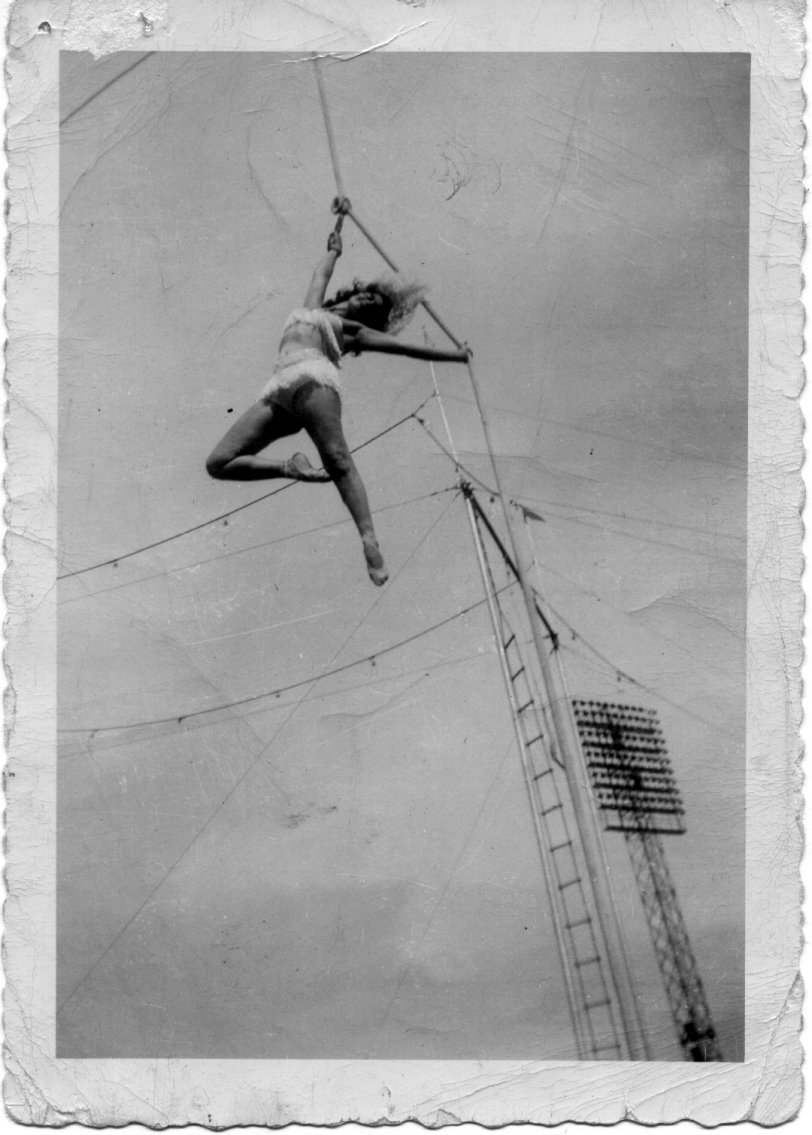 This a picture of my Great Aunt Claire Levine in action, c. 1956. By this time she had been at the circus for almost 20 years. After she retired from the circus she became a legal secretary in Chicago. View full size.

