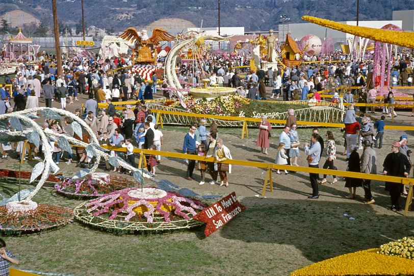 Tournament of Roses parade floats on display. January 3, 1965, Pasadena. Kodachrome slide taken by my dad. View full size.
