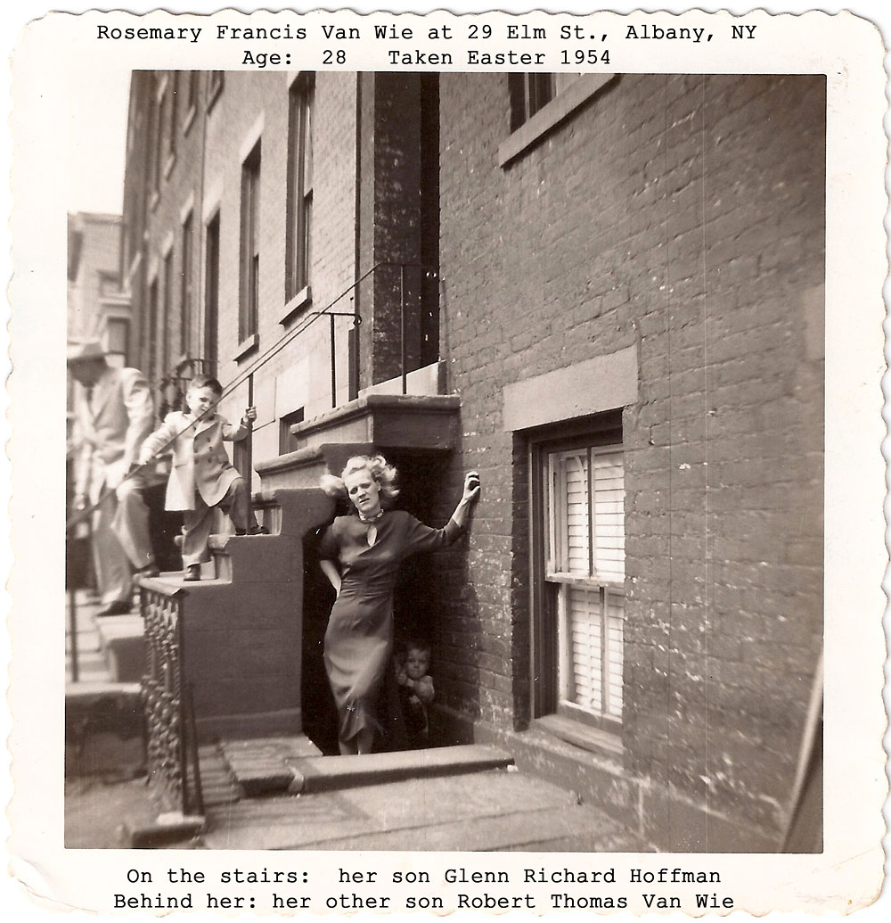 This is my mother, Rosemary Van Wie and my 2 older brothers, Glenn and Robert. Taken at Clinton Avenue in Albany, NY in 1954 at one of the many basement apartments. View full size.
