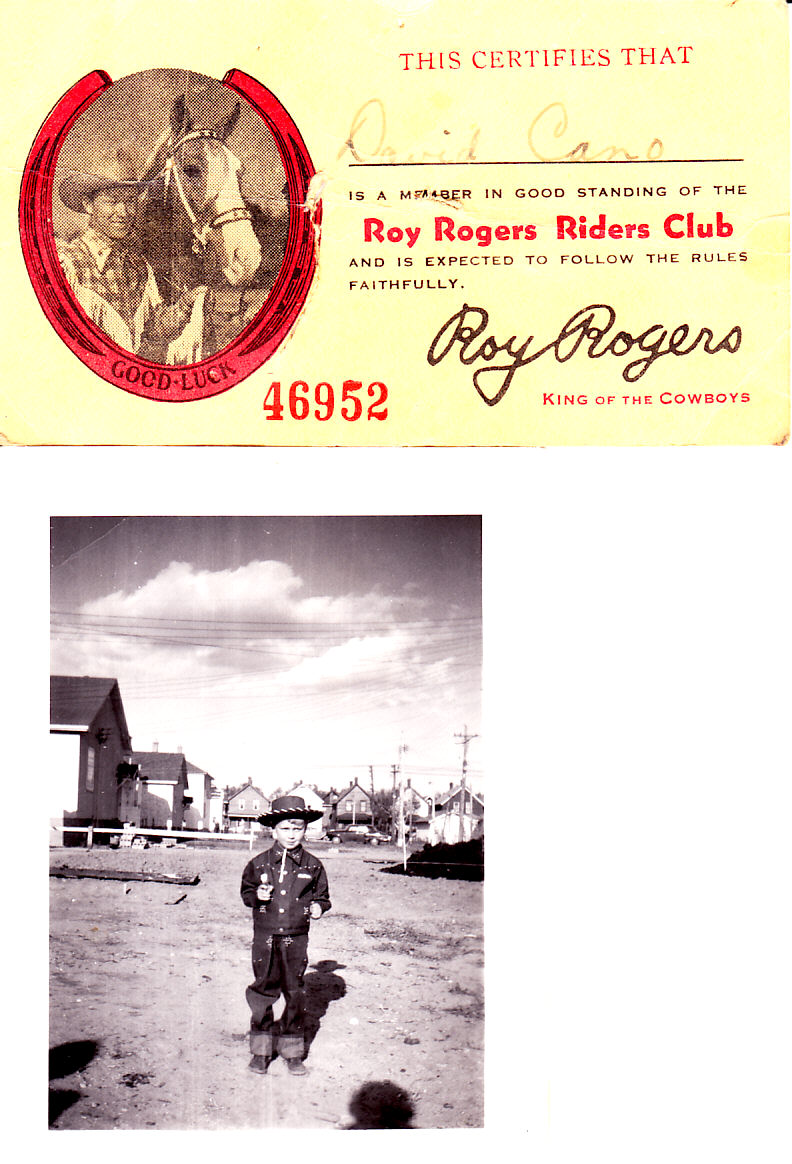 At 4 years old, in 1948, I was fascinated with Roy Rogers, Dale Evans, Trigger and anything to do with the "Double R Bar Ranch". My Mother bought me the outfit after taking a summer trip to the Post Cereal Plant in Kalamazoo Michigan.  Many Post cereal boxes were purchased after that to obtain the buttons that were free inside, including a membership to the Roy Rogers Rider Club (after a mail-in), which I have proudly kept for all these years, and right next to my picture. View full size.