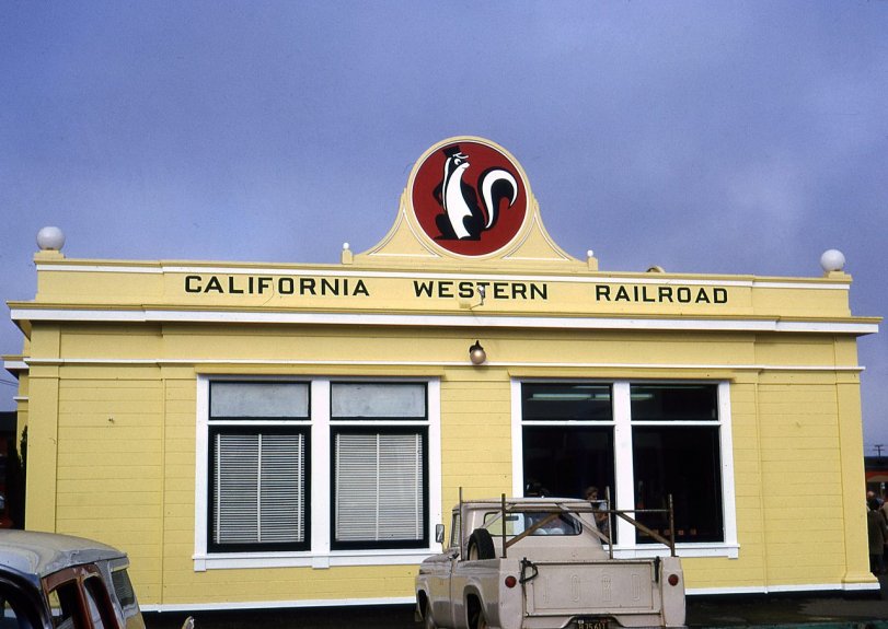 The station for the "Skunk Train" in Fort Bragg, California. One of many Kodachromes taken by Ruth Cooper, Pocasset, MA. View full size.
