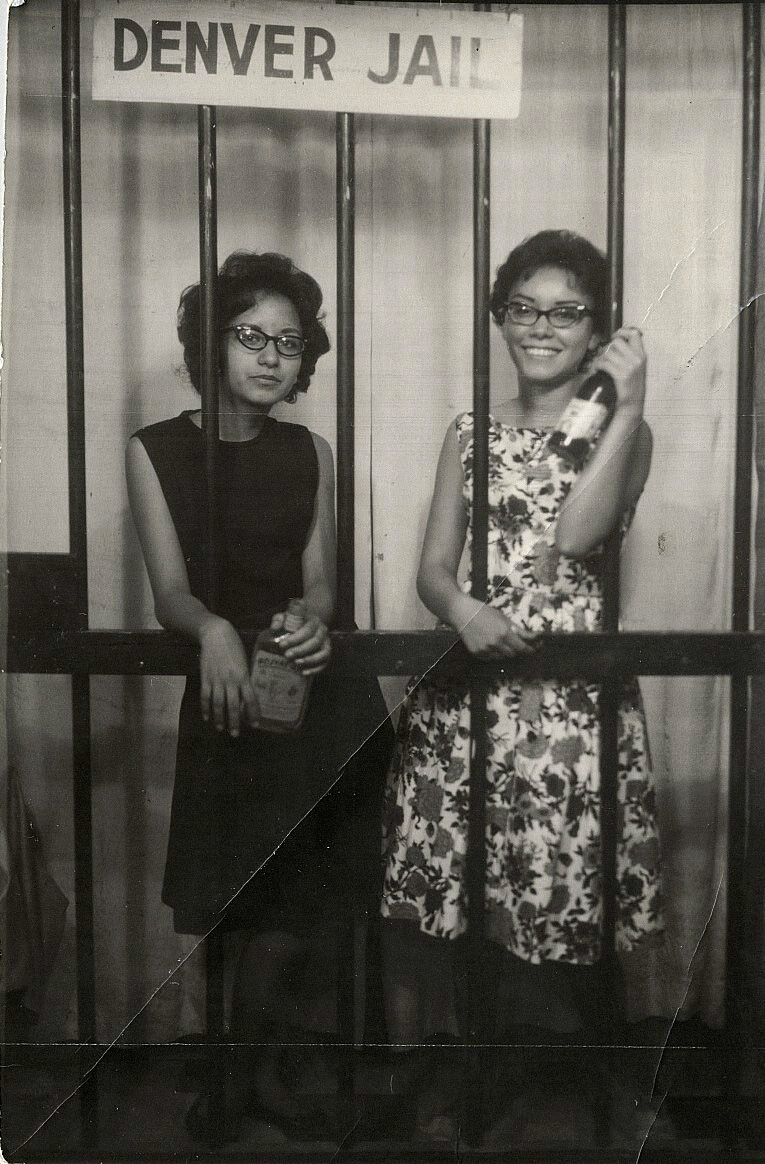 Lupe and Ruth Arroyo clown it up for a photo in the early 1960s. Denver natives, these young women soon made bail. View full size.
