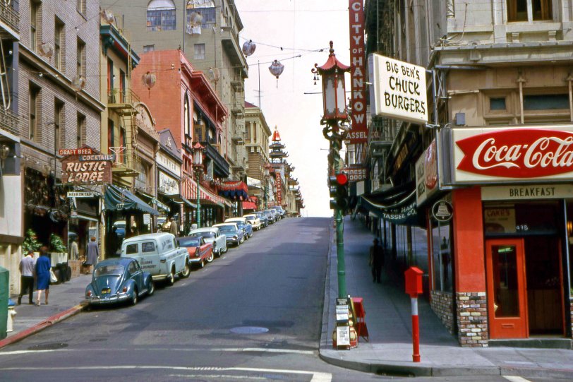 The corner of Grant and Bush in San Francisco in 1966. I took this Kodachrome to show Big Ben's, my favorite place for hamburgers while I was in the Navy, stationed on Treasure Island. View full size.
