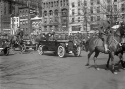 March 4, 1921. "Woodrow Wilson, Warren G. Harding (obscured), Philander Knox and Joseph Cannon on Pennsylvania Avenue en route to Harding inauguration." Passing the National Radio School and Washington Post buildings. Harris & Ewing glass negative. View full size.