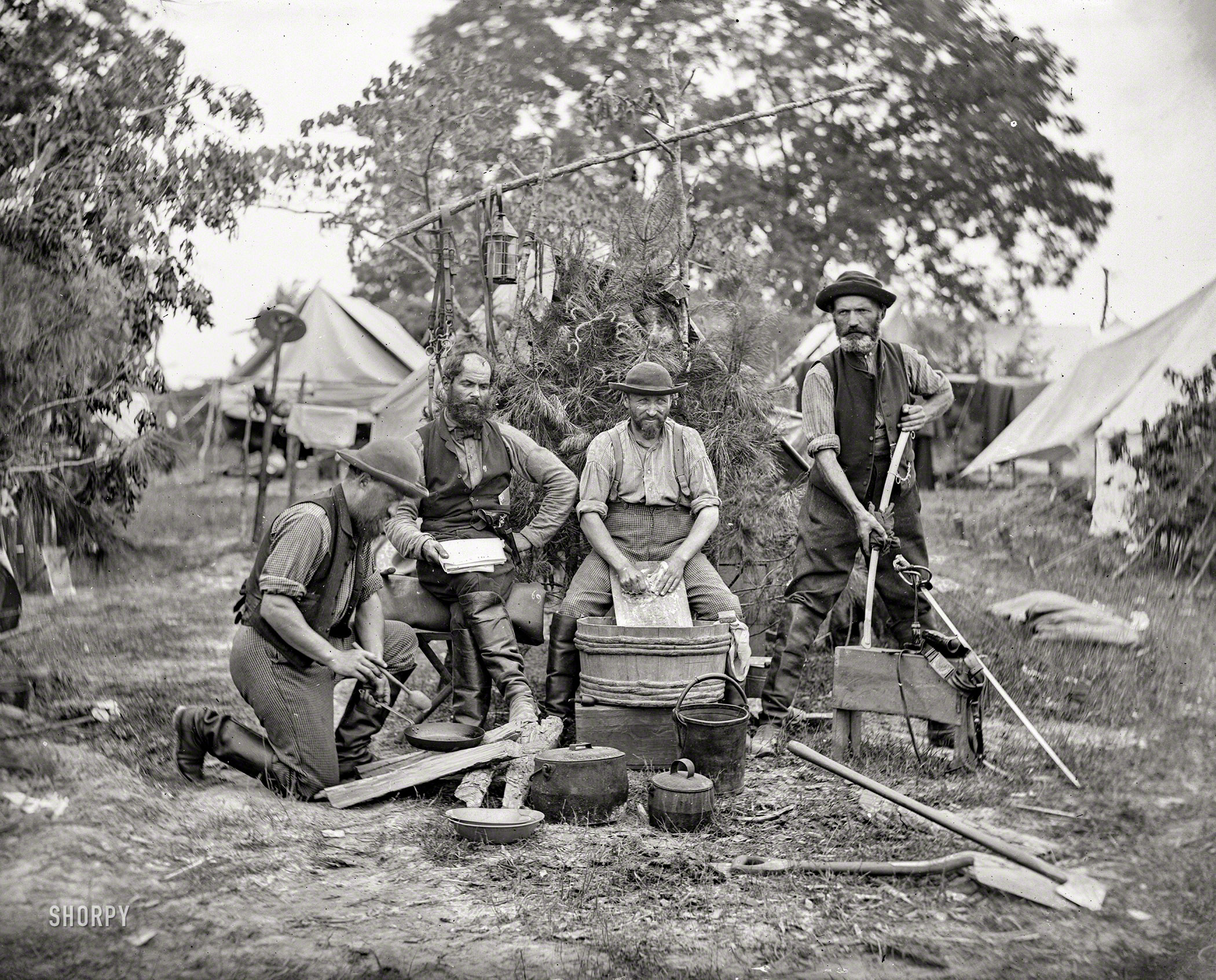 May 1862. "Yorktown, Virginia (vicinity). Servants at Prince de Joinville's quarters." Wet plate glass negative by James F. Gibson. View full size.