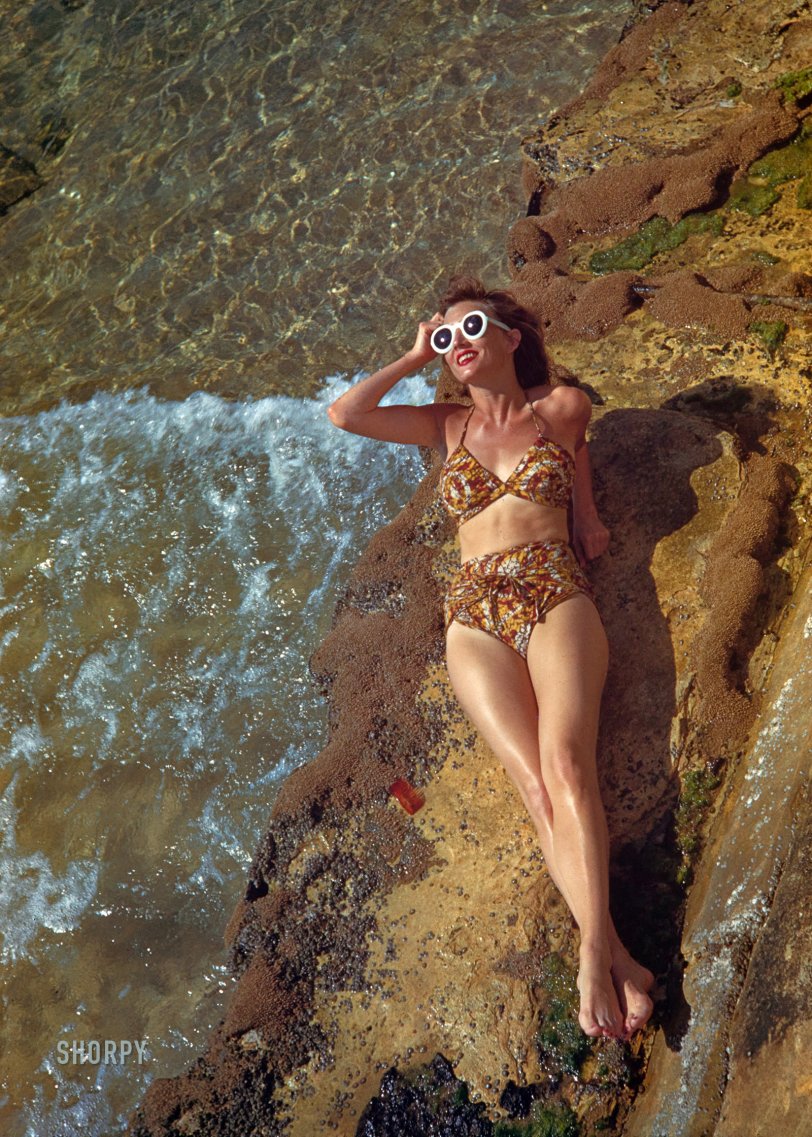 February 1944. "Vogue: Florida Fashion." 35mm Kodachrome by Toni Frissell. View full size.
