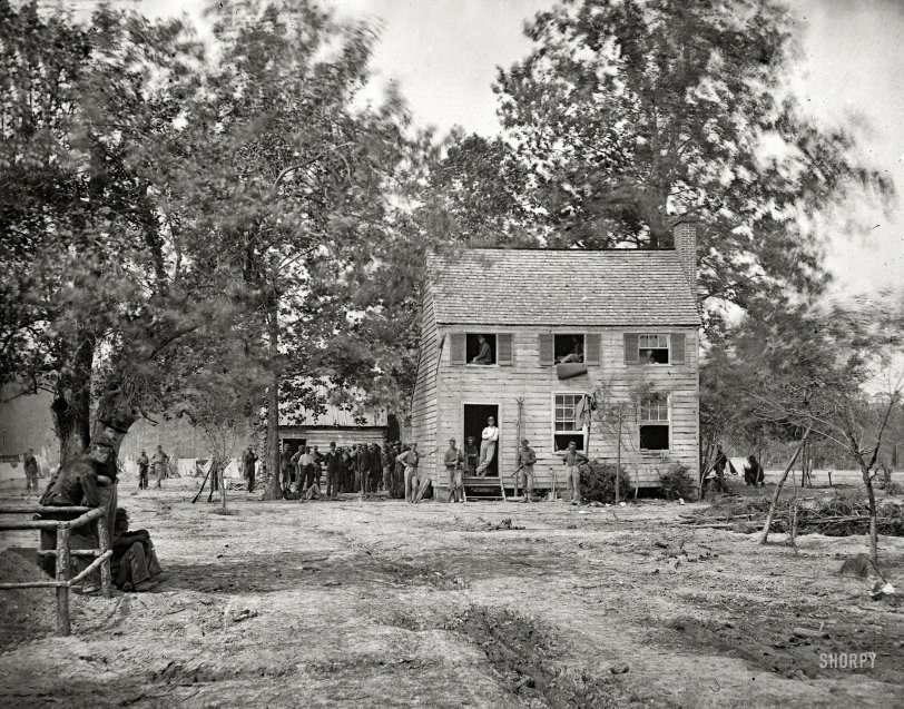 June 1862. "Fair Oaks, Virginia. Frame house on Fair Oaks battlefield used by Hooker's Division as a hospital." Wet plate negative by James F. Gibson from the main Eastern theater of war, the Peninsular Campaign. View full size.
