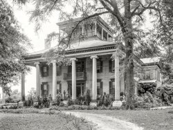 1939. "Rosemount, Forkland vicinity, Greene County, Alabama. Structure dates to 1832. Designed and built by Allen Glover for his son William. Two-story Greek Revival frame house with columns. Ballroom makes a third story on top." 8x10 inch acetate negative by Frances Benjamin Johnston. View full size.