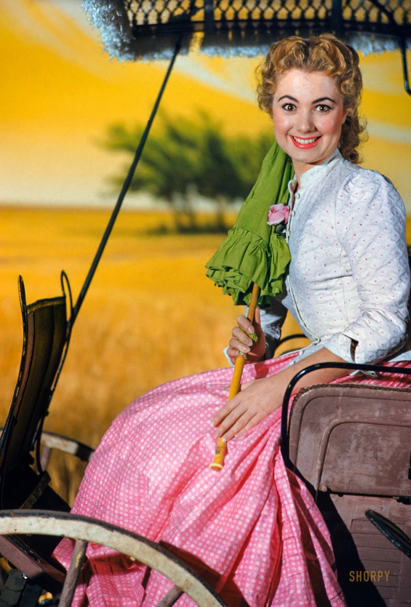 December 1954. "Actress Shirley Jones on the set of the film version of the Rodgers and Hammerstein musical Oklahoma!" 35mm Kodachrome from photos for the Look magazine assignment "The Girl from Oklahoma!"  View full size.
