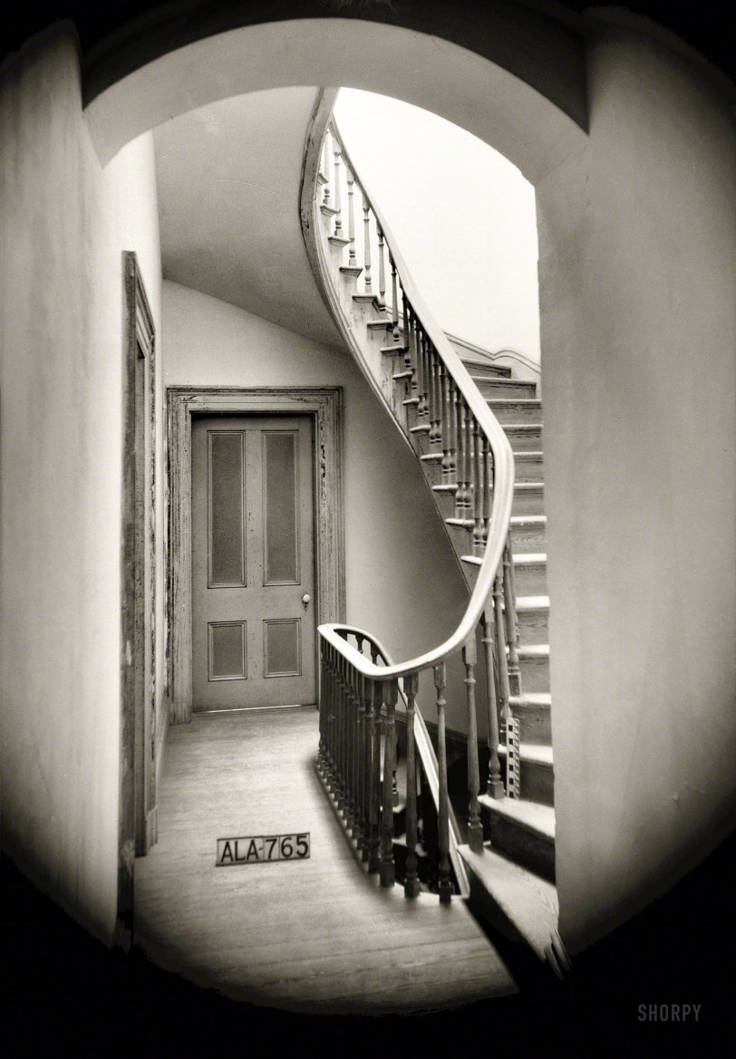 April 3, 1936. "Stairway leading to lookout on fifth floor -- Kenworthy Hall, State Highway 14 (Greensboro Road), Marion, Alabama." Photo by Alex Bush for the Historic American Buildings Survey. View full size.
