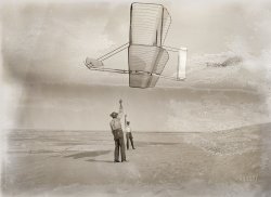 September 19, 1902. Kitty Hawk, North Carolina. "Side view of Dan Tate, left, and Wilbur Wright flying the 1902 glider as a kite." 5x7 glass negative by Orville Wright. View full size.