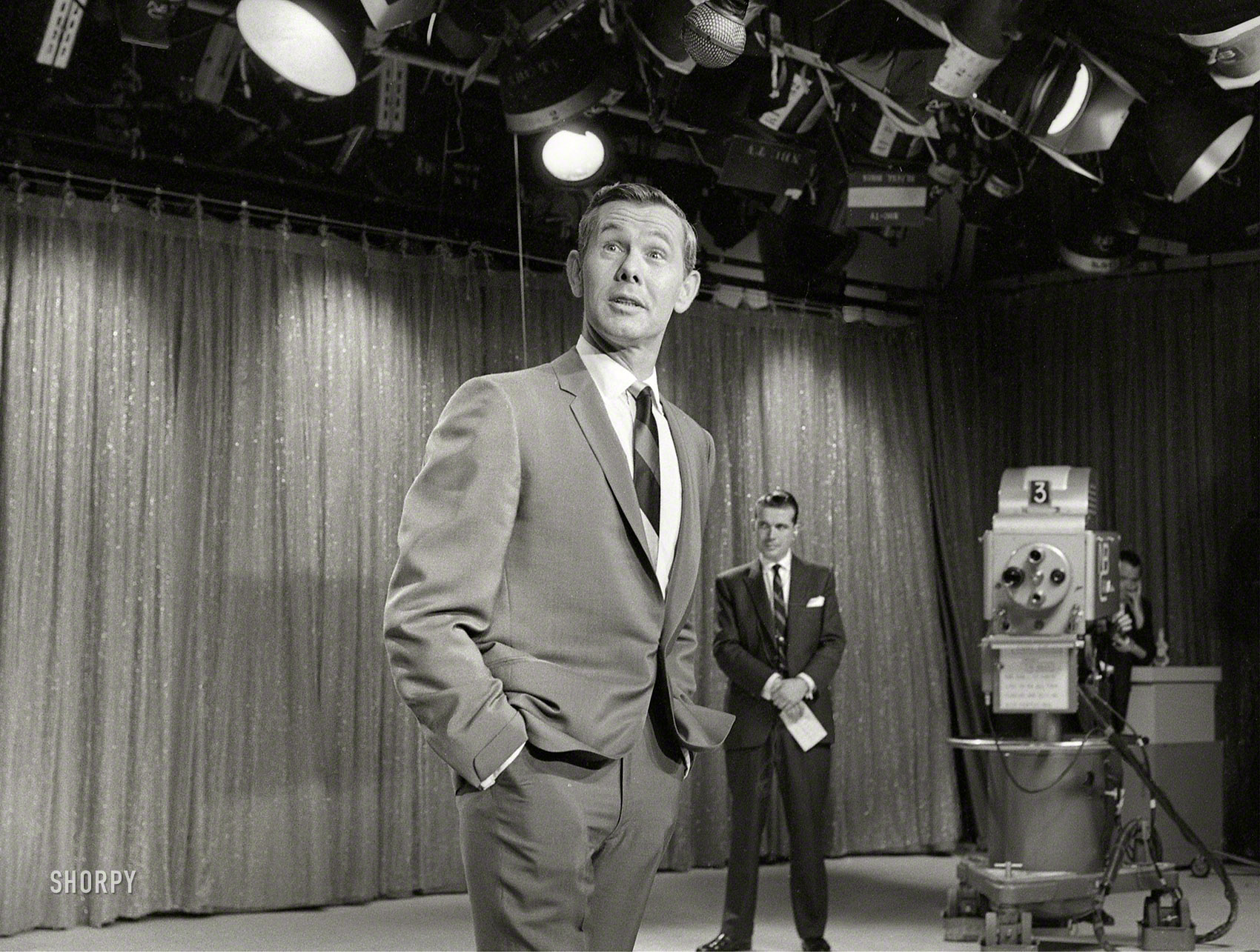 Los Angeles, July 1965. "Entertainer Johnny Carson on the 'Tonight' Show delivering a monologue." 35mm negative from photos for the Look magazine assignment "Johnny Carson, the prince of chitchat, is a loner." View full size.