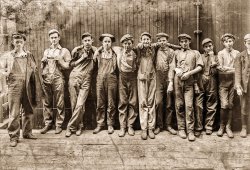 August 1908. "A group of Young Fellows working in an Indianapolis Tomato Cannery." Photograph by Lewis Wickes Hine. View full size.