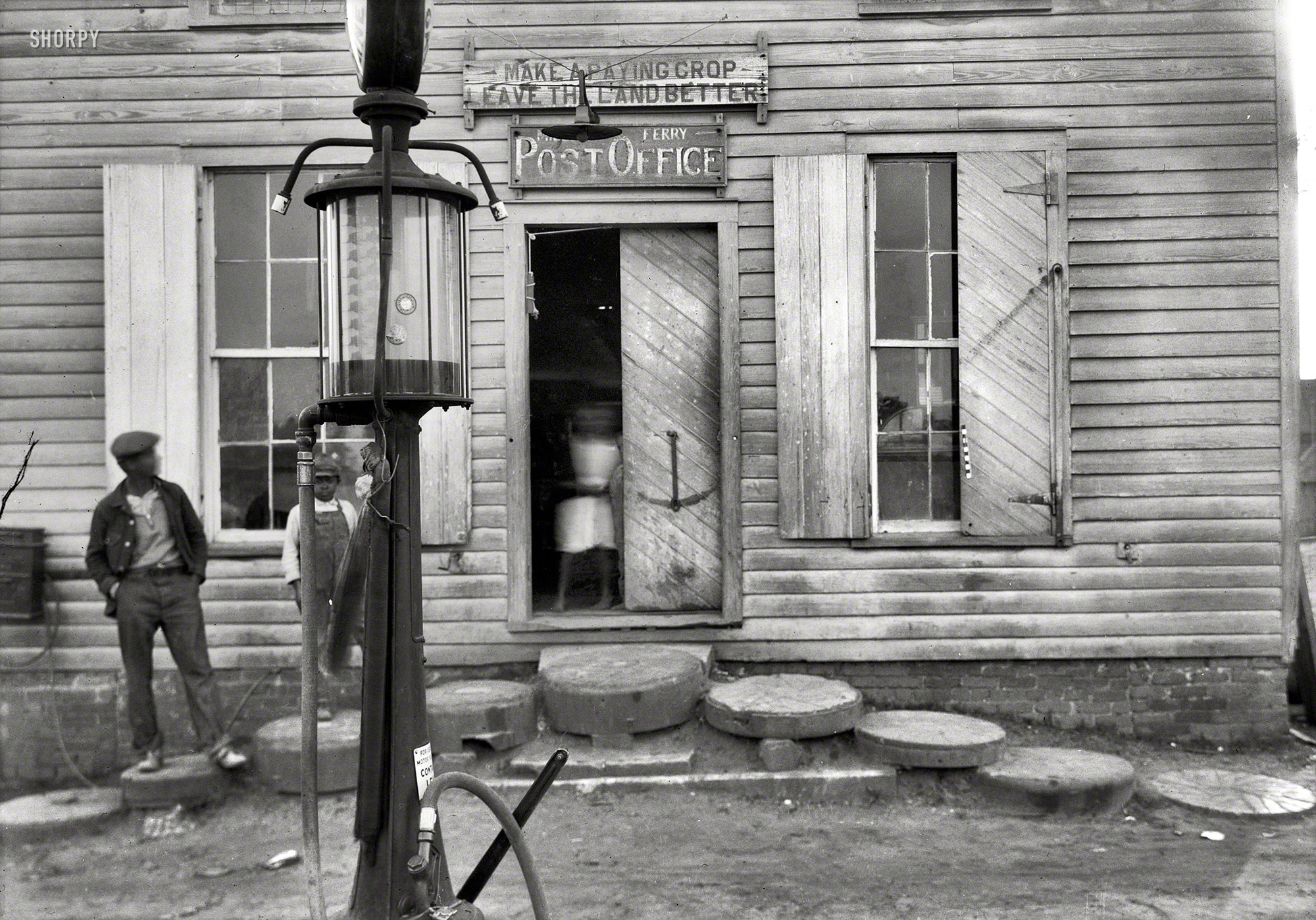 March 25, 1937. "Close-up of front elevation -- old William Henderson store (Miller's Ferry Post Office), State Road 28, Canton Bend near Camden, Wilcox County, Alabama. Built 1858." The perfect place to start your trip. Photo by Alex Bush for the Historic American Buildings Survey. View full size.