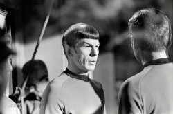 &nbsp; &nbsp; &nbsp; &nbsp; Leonard Nimoy, the sonorous, gaunt-faced actor who won a worshipful global following as Mr. Spock, the resolutely logical human-alien first officer of the Starship Enterprise in the television and movie juggernaut “Star Trek,” died Friday morning at his home in the Bel Air section of Los Angeles. He was 83.

-- New York Times
Los Angeles, 1968. "Actor Leonard Nimoy working on the set of the television show Star Trek." 35mm negative from photos by Douglas Jones for Look magazine. View full size.