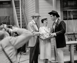 TV producers hope to ID Alice in Dairyland
In Photo With James Garner
&nbsp; &nbsp; &nbsp; &nbsp; In the aftermath of James Garner's death, a pair of Wisconsin TV producers are hoping to solve the mystery of which Alice in Dairyland was photographed with the Hollywood actor many decades ago ... [Continue reading]
-- Milwaukee Journal Sentinel, July 20, 2014
And Shorpy has the answer: "April 21, 1958. James Garner on the set of the television show Maverick." With co-star Jack Kelly and the Wisconsin "agricultural ambassador" Alice in Dairyland of 1957, Miss Nancy Kay Trewyn (later Prosser). Photo by Maurice Terrell for Look magazine article "TV's Midas Touch," which appeared in the Sept. 16, 1958 issue.  View full size.
