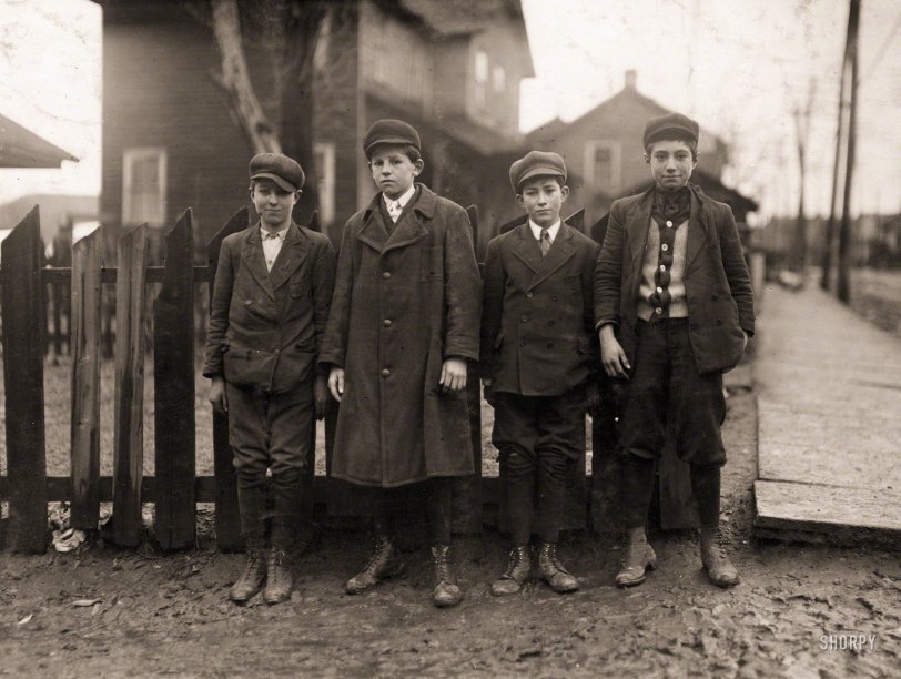 January 1911. Pittston, Pennsylvania. "Four Breaker Boys working in #9 Breaker, Hughestown Borough, Pennsylvania Coal Company. Boy on left is Tony Ross, 142 Panama Street. Other small boy is Mike Ross, cousin." Photo by Lewis Wickes Hine for the National Child Labor Committee. View full size.
