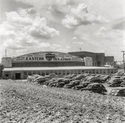 Arlington, Virginia, 1942. "Washington-Hoover Airport terminal and Eastern Air Lines sign prior to demolition for construction of the Pentagon." Nitrate negative by Harold Lang. View full size.