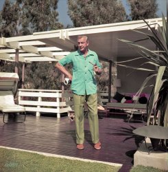 September 1954. "Photographs show actor Gary Cooper at home in California with wife Veronica and daughter Maria, and on patio smoking pipe." Color transparency by Earl Theisen for the Look magazine assignment "Gary Cooper, Strong and Silent for Thirty Years." View full size.