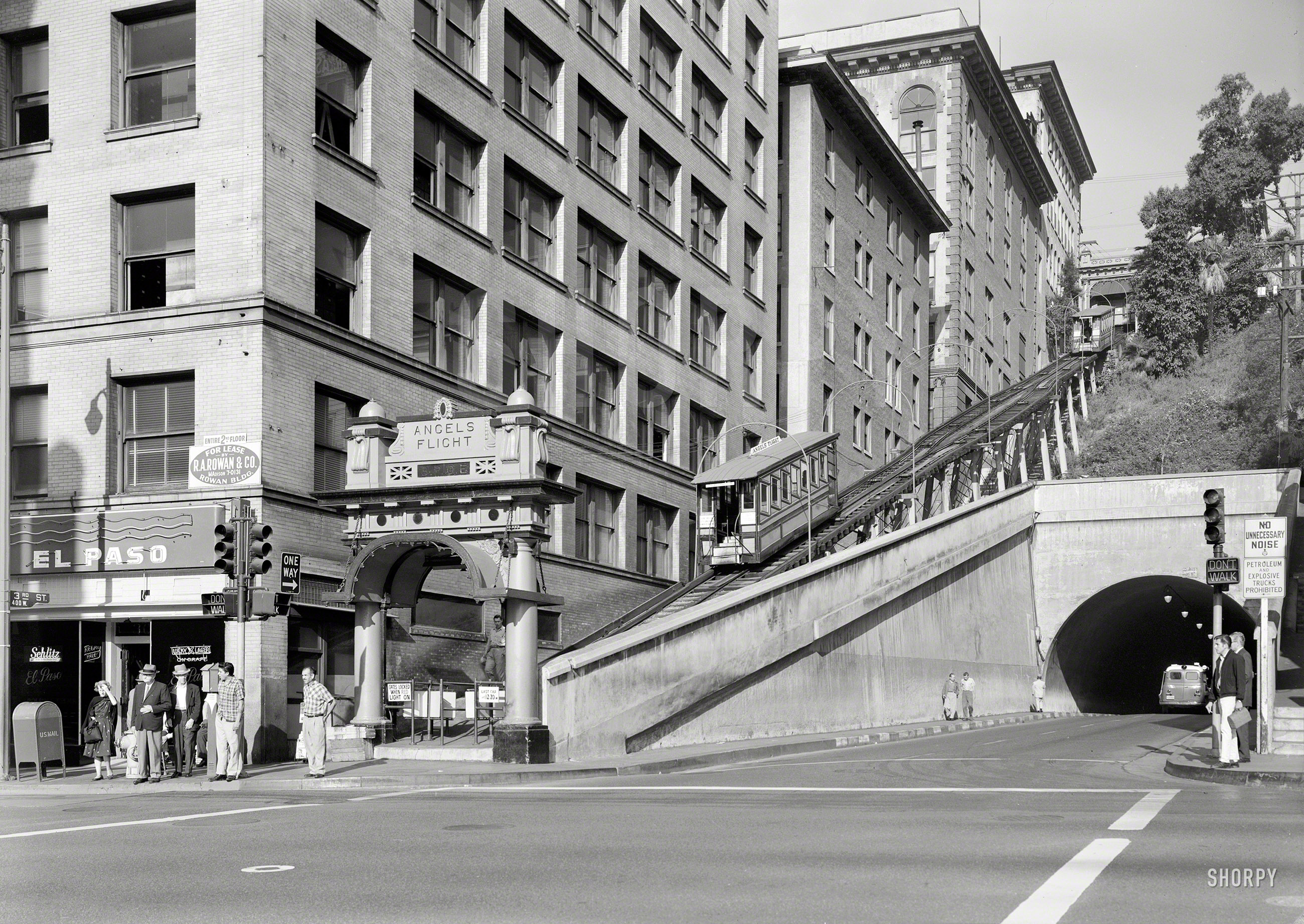 October 2, 1960 "Lower station, 'Angels Flight,' Third & Hill streets, Los Angeles. Last remaining cable railway in the City of Los Angeles." 5x7 acetate negative by Jack Boucher for the Historic American Buildings Survey. View full size.
