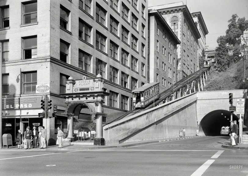 October 2, 1960 "Lower station, 'Angels Flight,' Third &amp; Hill streets, Los Angeles. Last remaining cable railway in the City of Los Angeles." 5x7 acetate negative by Jack Boucher for the Historic American Buildings Survey. View full size.
