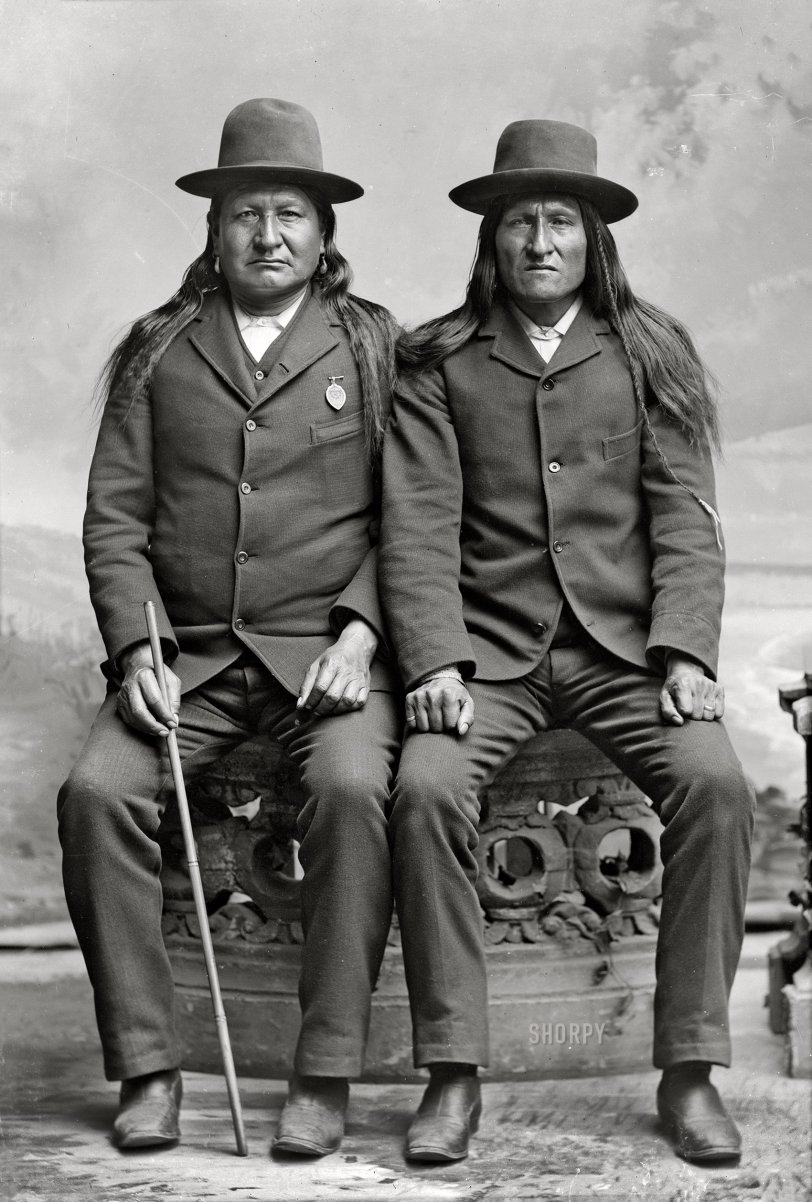 Washington, D.C., 1888. "Two Moons and American Horse, Cheyenne chiefs." Veterans of the Battle of the Little Big Horn. 5x7 inch glass negative, C.M. Bell portrait studio. View full size.
