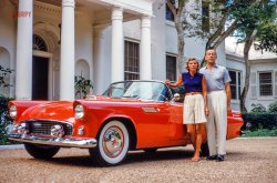 &nbsp; &nbsp; &nbsp; &nbsp; UPDATE: The Ronald Balcoms at "Windsong," their home in Palm Beach.
"Florida -- couple with car, Roney Balcom, 1954" is all it says here. The car being a 1955 Thunderbird. 35mm Kodachrome by the fashion photographer Toni Frissell. View full size.