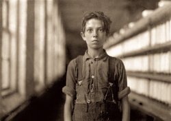 May 1909. Burlington, Vermont. "Jo Bodeon, a 'back-roper' in the mule room, Chace Cotton Mill." More accurately known as Joseph Beaudoine (1894-1958), last glimpsed here. Gelatin silver print by Lewis Wickes Hine. View full size.
