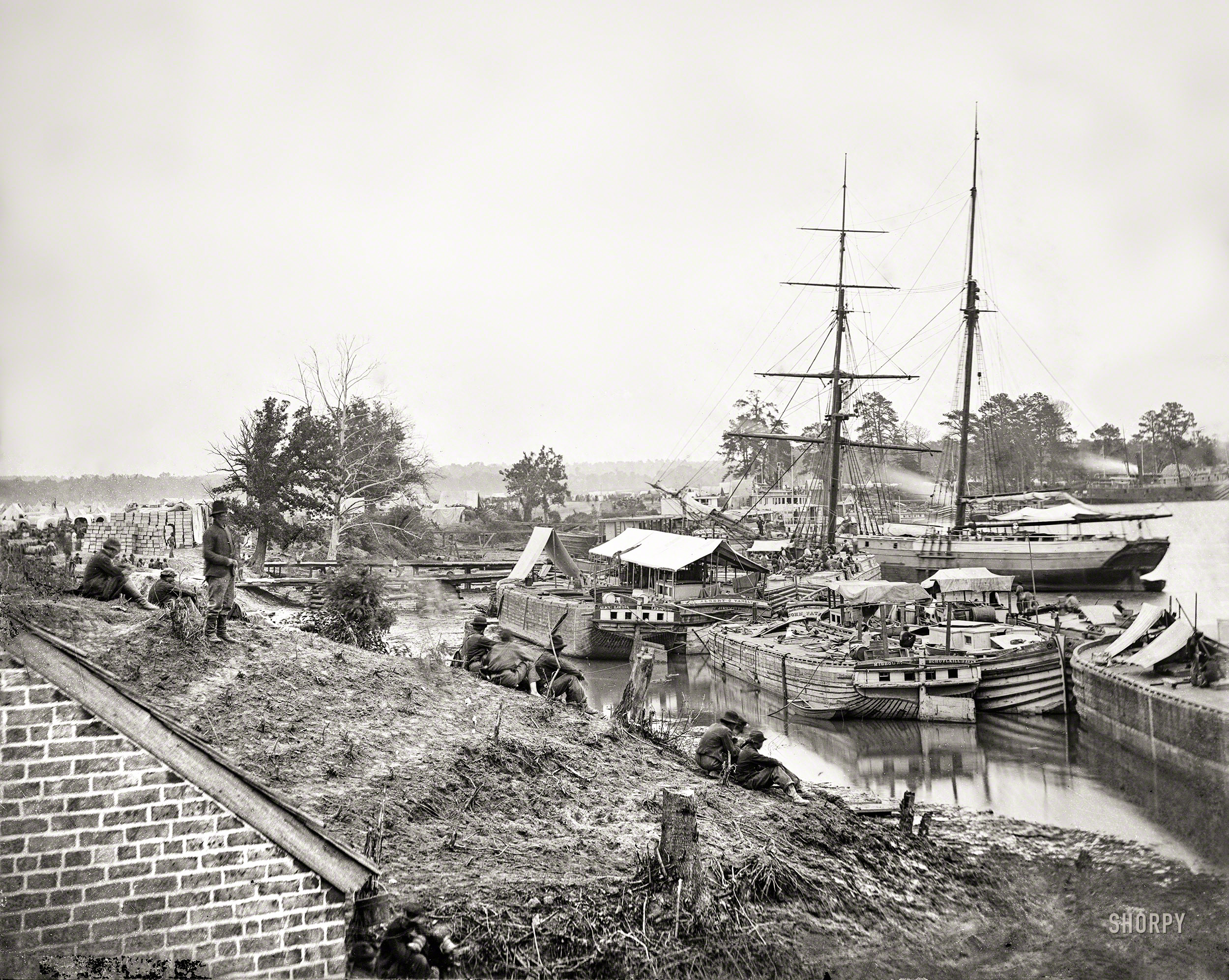 1862. "White House Landing, Virginia. Federal supply vessels at anchor." Wet plate negative from photographs of the main Eastern theater of war -- the Peninsular Campaign, May-August 1862. View full size.