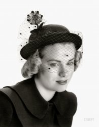"Princess Grace of Monaco, 1957 recipient of the first annual Golden Hat Award after being named 'Best Hatted Woman in the World' by the Millinery Institute of America, shown in 1949 as a teen-age hat model for the United States millinery industry." View full size.