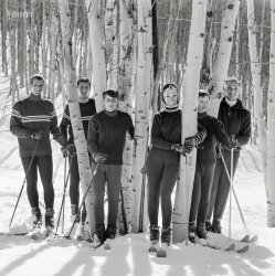 Denver socialite Ann Bonfoey Taylor with her oilman husband Vernon "Moose" Taylor and their sons among the aspens at the Vail ski resort in 1967. Medium-format negative by Toni Frissell for Vogue magazine. View full size.