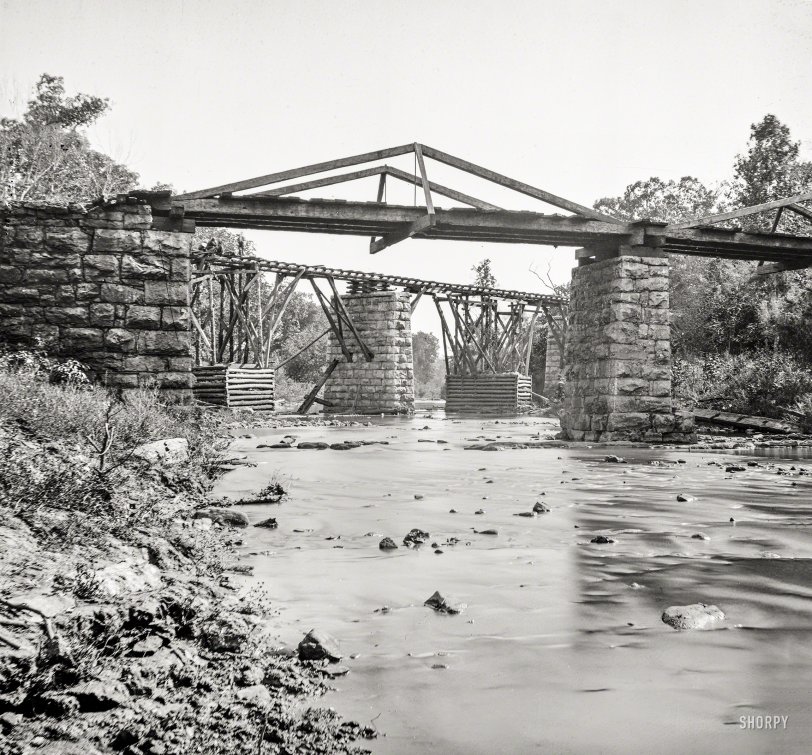1864. "Civil War R.R. operations, bridges and equipment -- Railway Bridge across Platt Creek (vicinity of Knoxville, Tenn.)" Wet plate negative. View full size.
