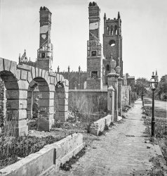 1865. Charleston, S.C. "Broad Street, looking east with the ruins of Cathedral of St. John and St. Finbar." Aftermath of the Great Fire of 1861. Wet plate negative from the Civil War photographs collection, Library of Congress. View full size.