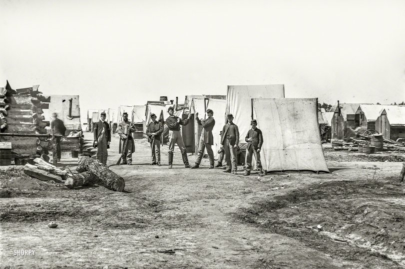 April 1865. Petersburg, Virginia. "Federal Army camp. Soldiers boxing." Wet plate glass negative. Civil War Collection, Library of Congress. View full size.
