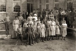 December 1913. "The whole force of workers in the cotton mills of Stevenson, Alabama. Several of them are apparently under twelve, but I could not get the ages. Photo posed by the general manager." Photo and caption by the child labor reformer Lewis Wickes Hine. View full size.