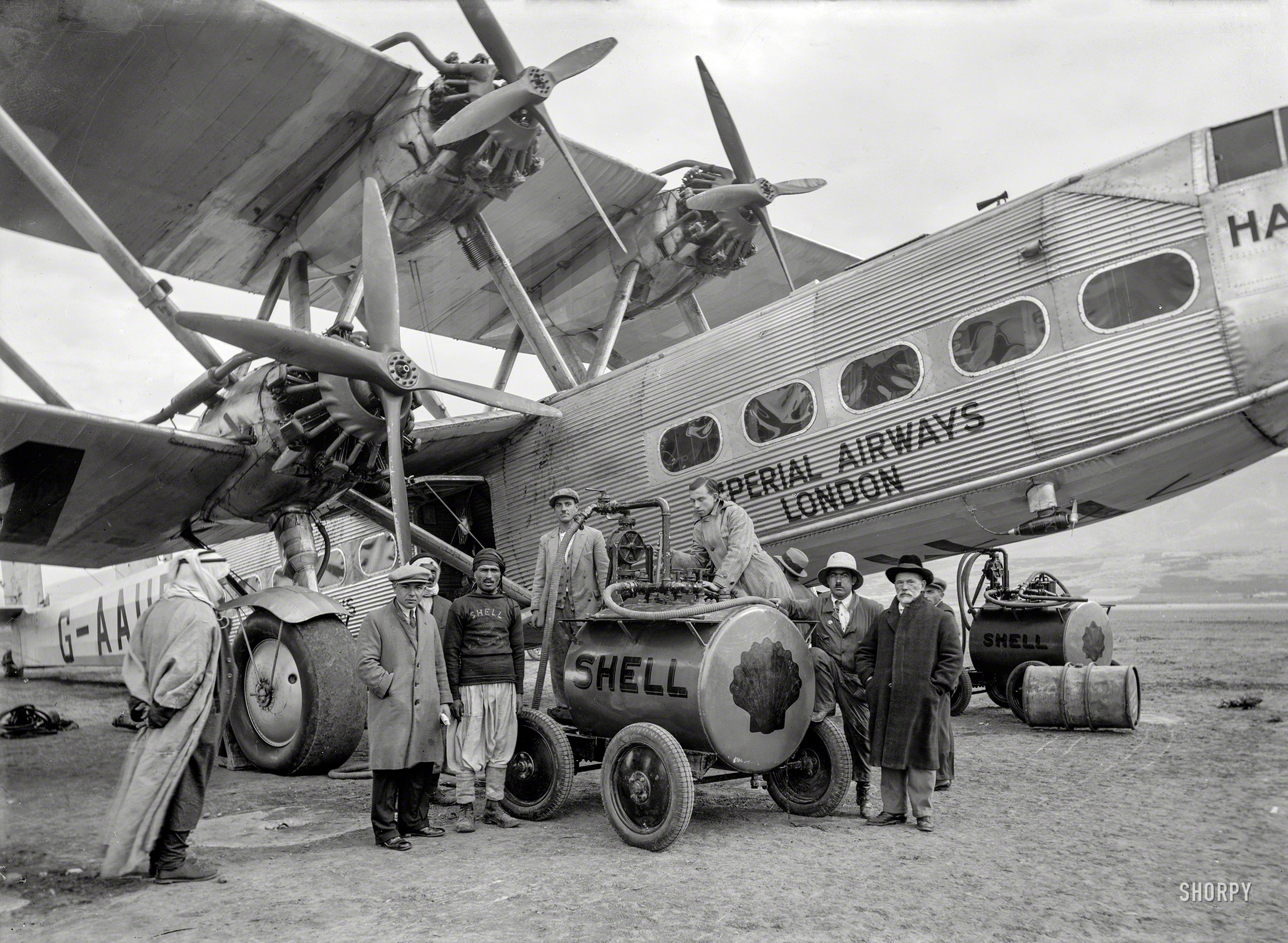 October 1931. "Imperial Airways aircraft refueling at Semakh, British Mandate Palestine." 5x7 glass negative, Matson Photo Service. View full size.